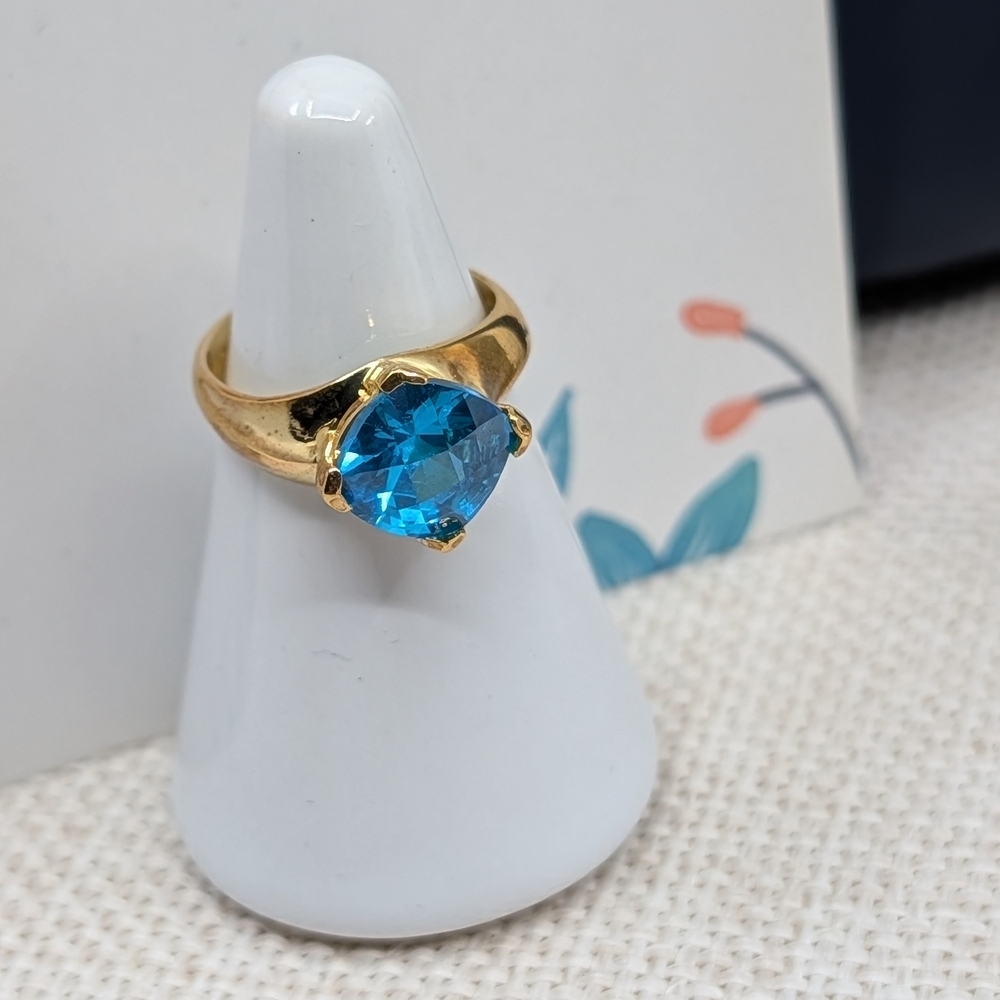 Vintage 925 Sterling Silver Gold Vermeil Statement Ring Faceted Blue Stone Sz 6 - Picture 8 of 16
